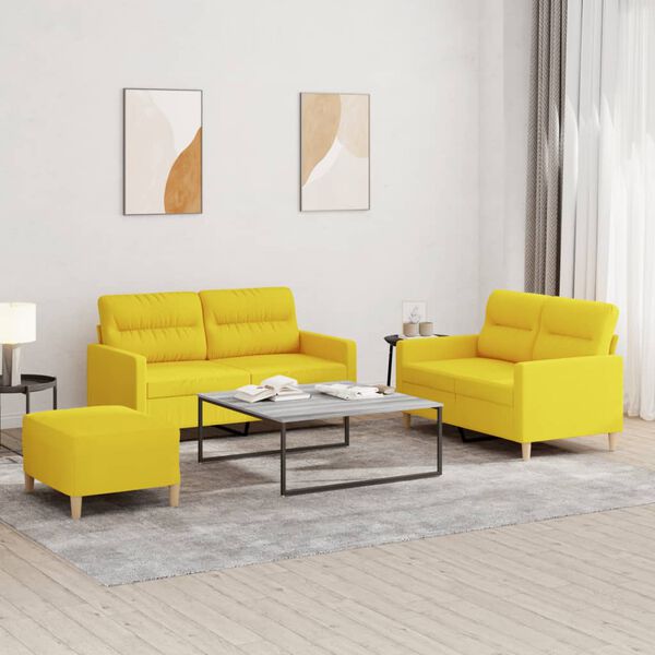 vidaXL 3 pcs conjunto de sof&aacute;s com almofad&otilde;es tecido amarelo-claro