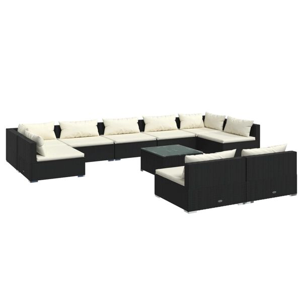 vidaXL 10 pcs conjunto lounge de jardim c/ almofad&otilde;es vime PE preto