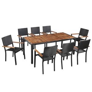 vidaXL 9 pcs conjunto jantar exterior vime PE e madeira ac&aacute;cia preto