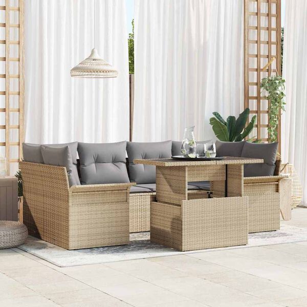 vidaXL Conjunto de Sof&aacute; de Jardim 7 pcs Bege Rattan Sint&eacute;tico