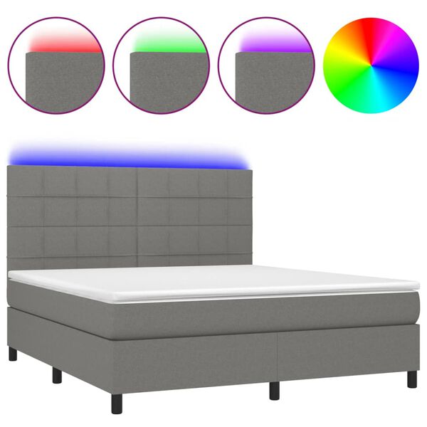vidaXL Cama box spring c/ colch&atilde;o e LED 180x200 cm tecido cinza-escuro