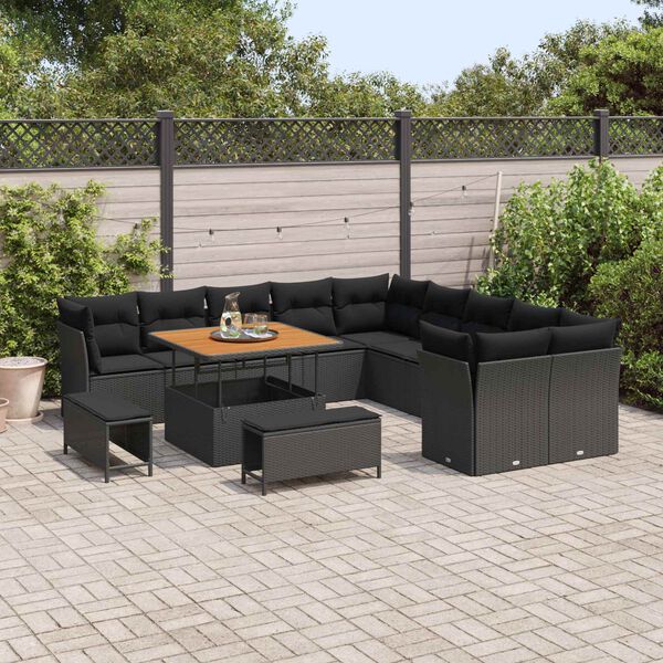 vidaXL Conjunto de Sof&aacute; de Jardim com almofada 13 pcs Preto vime PE