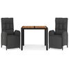 vidaXL 3 pcs conjunto de jantar p/ jardim c/ almofad&otilde;es vime PE preto