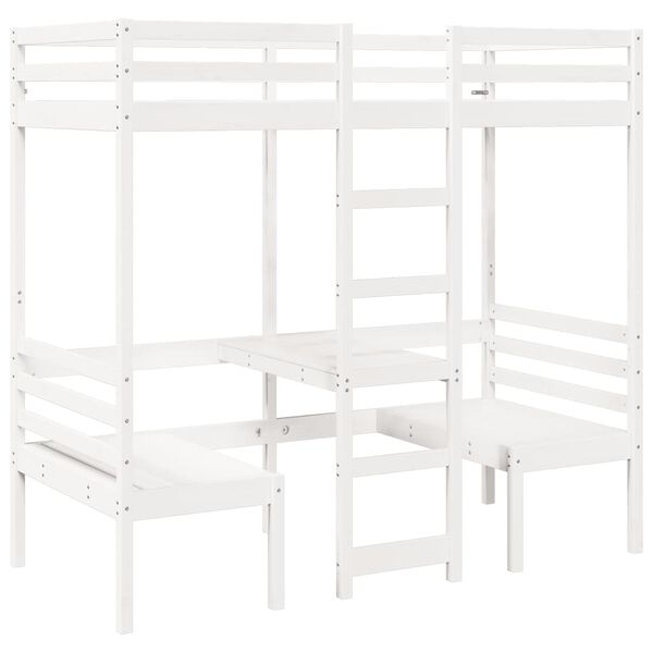 vidaXL Cama alta c/ secretária/cadeiras 90x190 cm pinho maciço branco