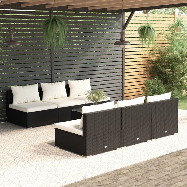 vidaXL 7 pcs conjunto lounge de jardim c/ almofad&otilde;es vime PE preto