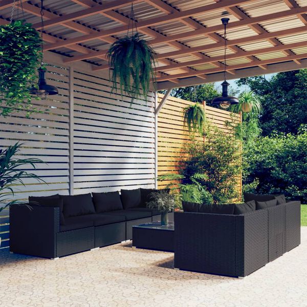 vidaXL 8 pcs conjunto lounge de jardim c/ almofadões vime PE preto