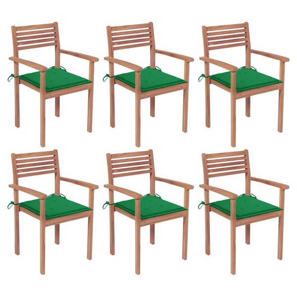 vidaXL Cadeiras de jardim empilh&aacute;veis c/ almofad&otilde;es 6 pcs teca maci&ccedil;a