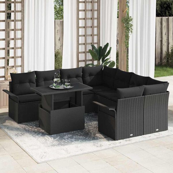 vidaXL Conjunto de Sof&aacute; de Jardim 9 pcs Preto Rattan Sint&eacute;tico