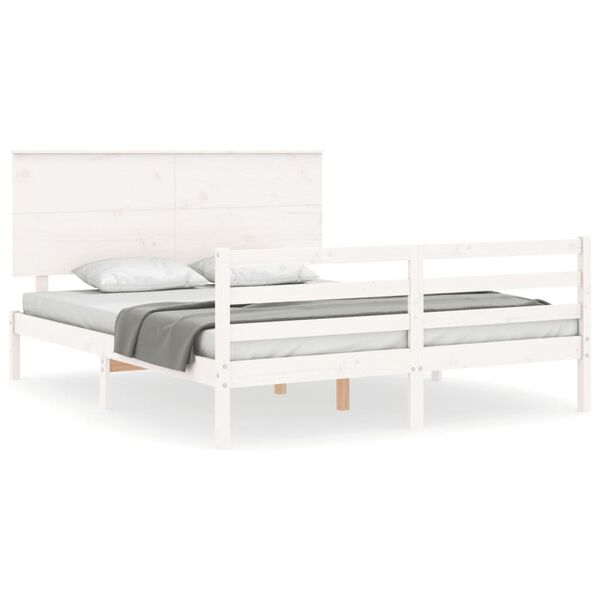 vidaXL Estrutura de cama King Size com cabeceira madeira maciça branco