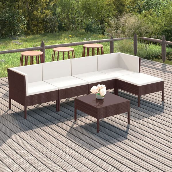 vidaXL 6 pcs conjunto lounge jardim c/ almofadões vime PE castanho