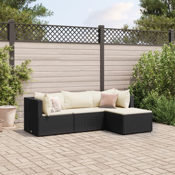 vidaXL 4 pcs conjunto lounge de jardim c/ almofad&otilde;es vime PE preto