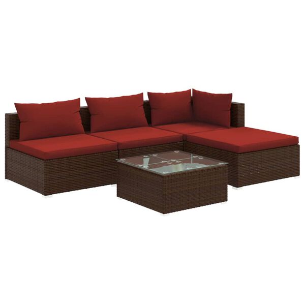 vidaXL 5 pcs conjunto lounge jardim c/ almofad&otilde;es vime PE castanho
