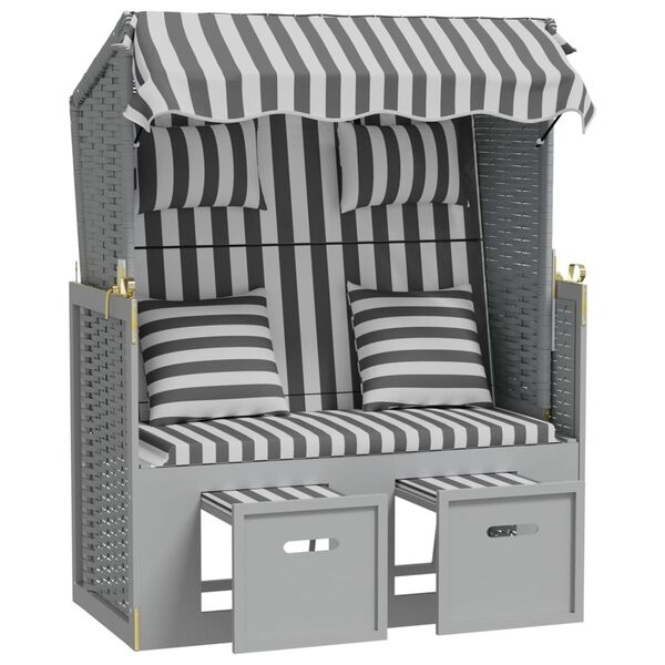 vidaXL Strandkorb c/ almofad&otilde;es vime PE madeira maci&ccedil;a cinza e branco