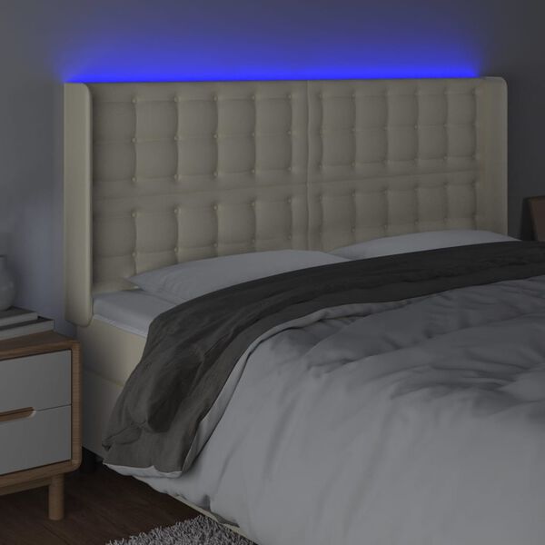 vidaXL Cabeceira cama c/ LED 163x16x118/128 cm couro artificial cr&egrave;me