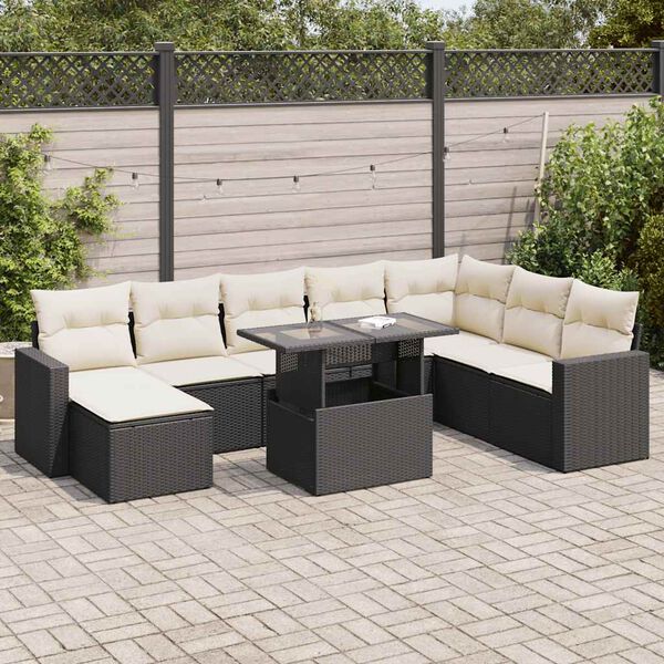 vidaXL 9 pcs conjunto de sof&aacute;s p/ jardim c/ almofad&otilde;es vime PE preto