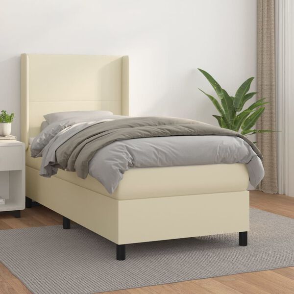 vidaXL Cama com molas/colch&atilde;o 90x200 cm couro artificial cor creme