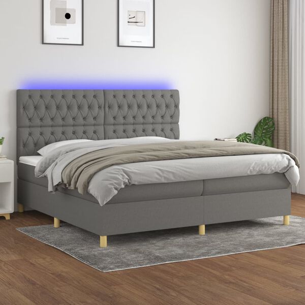 vidaXL Cama box spring c/ colch&atilde;o e LED 200x200 cm tecido cinza-escuro