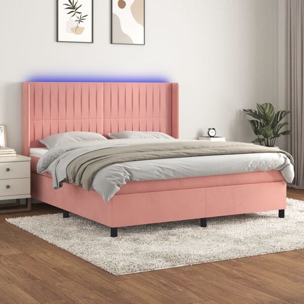 vidaXL Cama box spring c/ colch&atilde;o/LED 180x200 cm veludo rosa