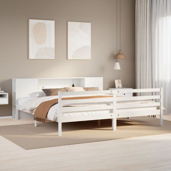 vidaXL Cama com estante sem colchão 180x200 cm pinho maciço branco