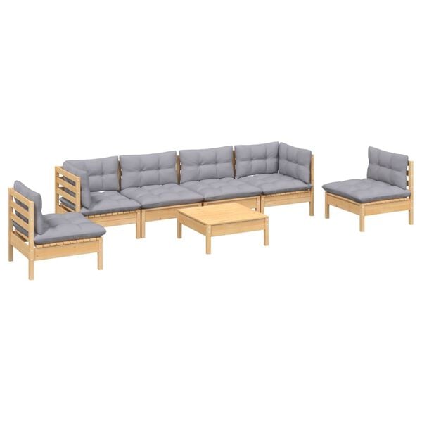 vidaXL 7 pcs conjunto lounge de jardim + almofad&otilde;es cinza pinho maci&ccedil;o