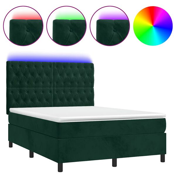 vidaXL Cama box spring c/ colch&atilde;o/LED 140x200 cm veludo verde-escuro