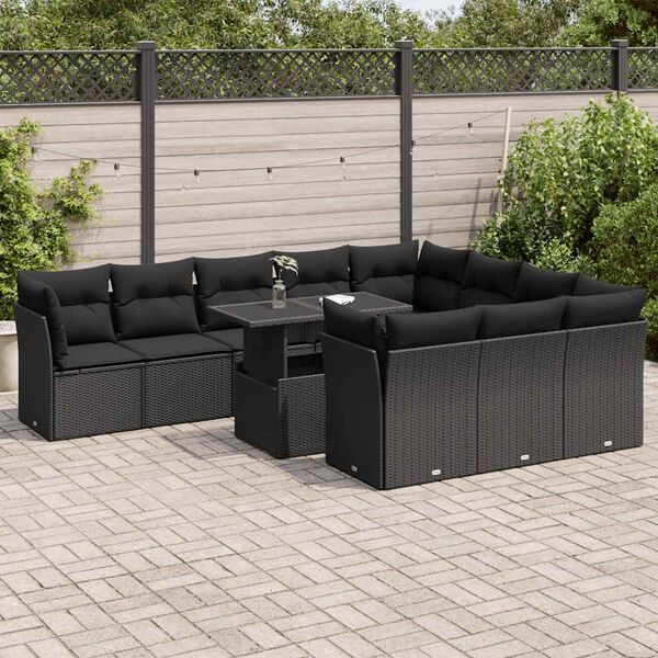 vidaXL 11 pcs conjunto sof&aacute;s de jardim c/ almofad&otilde;es vime PE preto