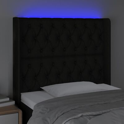 vidaXL Cabeceira de cama c/ luzes LED tecido 103x16x118/128 cm preto