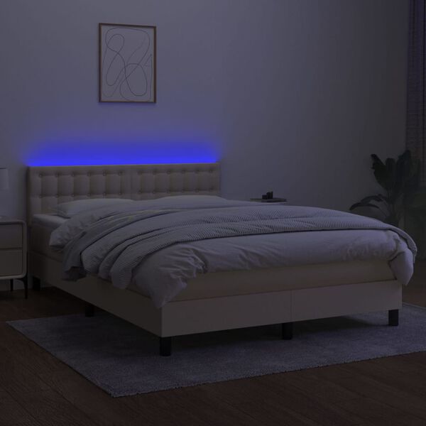 vidaXL Cama box spring c/ colch&atilde;o e LED 140x190 cm tecido cor creme