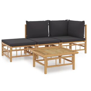 vidaXL 4pcs conj. lounge de jardim bambu c/ almofad&otilde;es cinzento-escuro