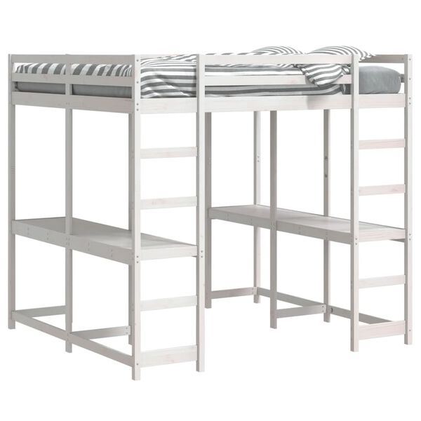 vidaXL Cama alta c/ secretária e escada 180x200 cm pinho maciço branco