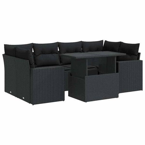 vidaXL 7 pcs conjunto de sof&aacute;s p/ jardim c/ almofad&otilde;es vime PE preto