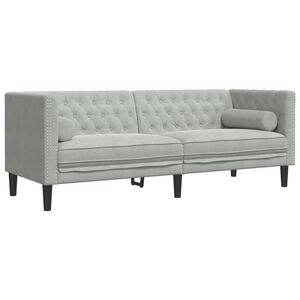 vidaXL Sof&aacute; chesterfield com rolos 3 lugares veludo cinzento-claro