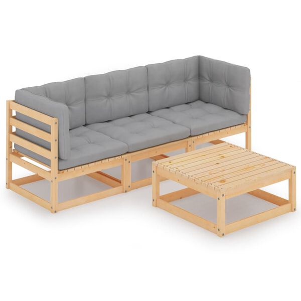 vidaXL 4 pcs conjunto lounge de jardim com almofadões pinho maciço