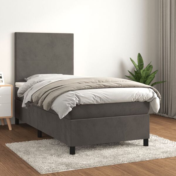 vidaXL Cama com molas/colch&atilde;o 90x190 cm veludo cinza-escuro
