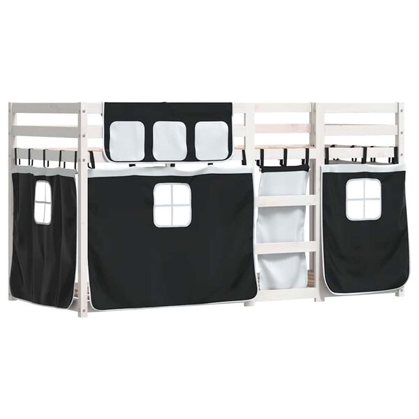 vidaXL Beliche com cortinas 90x200 cm pinho maciço branco e preto