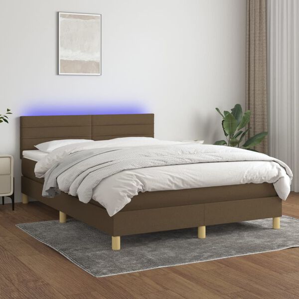 vidaXL Cama box spring c/ colch&atilde;o/LED 140x190cm tecido castanho-escuro