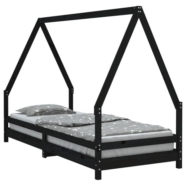 vidaXL Estrutura de cama infantil 90x200 cm pinho maci&ccedil;o preto
