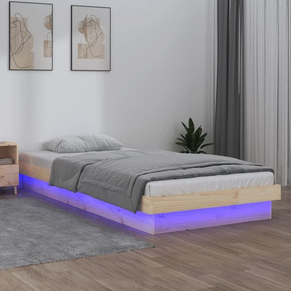 vidaXL Estrutura cama c/ LED pequena solteiro 75x190 cm madeira maci&ccedil;a