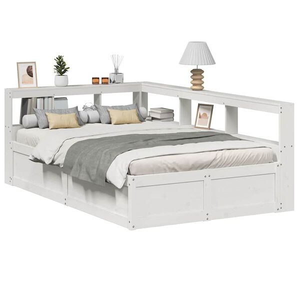 vidaXL Cama com estante sem colch&atilde;o 135x190 cm pinho maci&ccedil;o branco