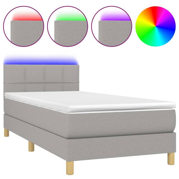 vidaXL Cama box spring c/ colch&atilde;o e LED 90x200 cm tecido cinza-claro