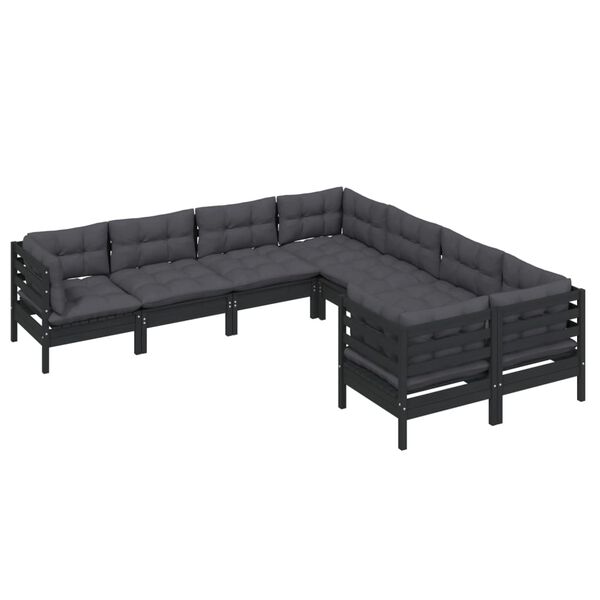 vidaXL 8 pcs conjunto lounge jardim c/ almofadões pinho maciço preto