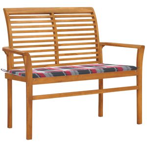 vidaXL Banco de jardim c/ almofad&atilde;o xadrez vermelho 112cm teca maci&ccedil;a