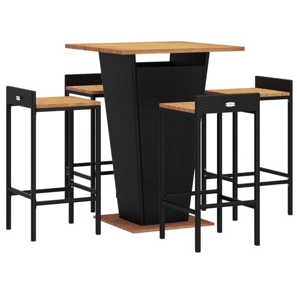 vidaXL 5 pcs conjunto de bar p/ jardim vime PE/ac&aacute;cia maci&ccedil;a preto