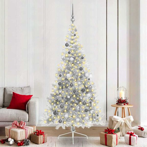 vidaXL &Aacute;rvore de Natal Artificial Pr&eacute;-iluminada Prateado 210 cm PET