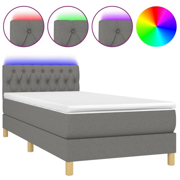 vidaXL Cama box spring c/ colch&atilde;o e LED 90x200 cm tecido cinza-escuro