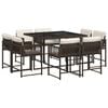 vidaXL 9 pcs conjunto jantar p/ jardim c/ almofad&otilde;es vime PE castanho