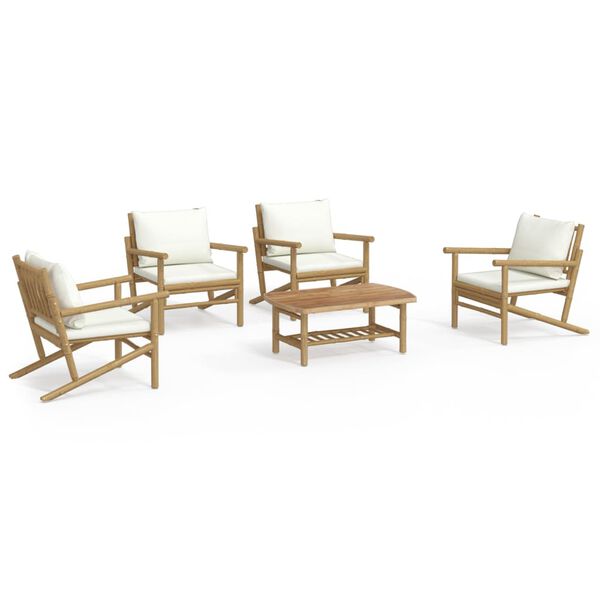 vidaXL 5 pcs conjunto lounge de jardim bambu c/ almofadões branco nata