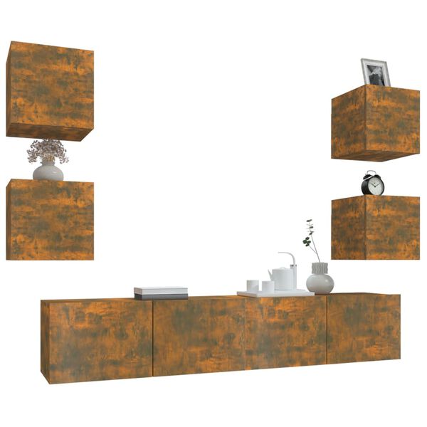 vidaXL Conjunto m&oacute;veis de TV 6 pcs madeira processada carvalho fumado