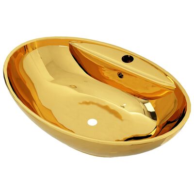 vidaXL Lavatório com extravasamento 58,5x39x21 cm cerâmica dourado