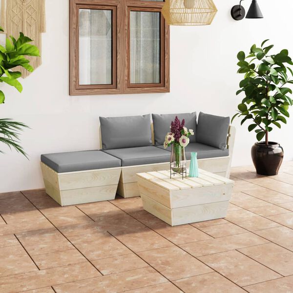 vidaXL 4 pcs conjunto lounge de paletes + almofad&otilde;es madeira de abeto
